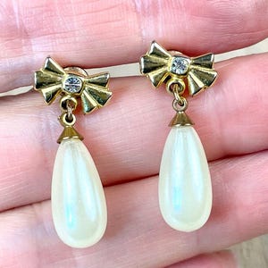 Vintage Faux Pearl Drop Earrings: Gold Bow Bridal Jewelry