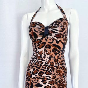 Y2K Leopard Print Halter Dress, Sexy Animal Print Bodycon, Vintage Cheetah Party Dress, Retro Pin-Up Glam Dress, Size XS