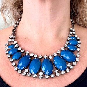 Blue Rhinestone Bib Necklace: Vintage Glam Statement Jewelry