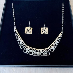 Liisa Vitali Silver Necklace and Silver Earrings Pitsi, Nordic Jewelry Set in Box, Finland