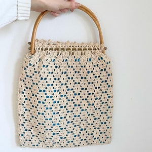 Vintage Handmade Crochet Bag with Bamboo Handles – Boho Woven Handbag with Blue Lining