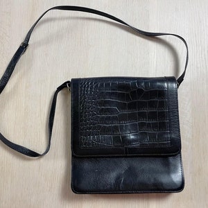 Sac à bandoulière noir vintage, sac à bandoulière en similicuir, sac à main à bandoulière en relief croco, sacoche minimaliste des années 90, sac messager à bandoulière réglable