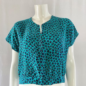 Leopard Print Silk Shirt, Turquoise Crop Top, Animal Print Satin Blouse, Size S/M