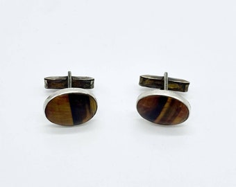 Vintage Silver Cuff Links from Finland, Tigers Eye Brown Gemstone Cufflinks, Gift for Men, Wedding Cufflinks