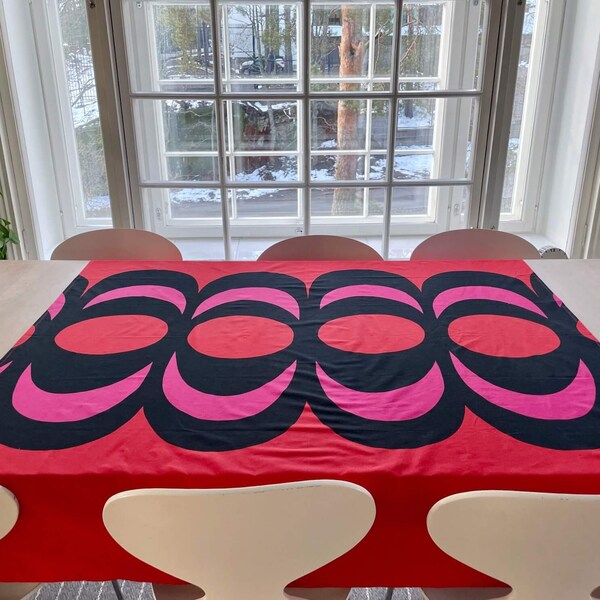 Vintage Marimekko Kaivo Fabric Tablecloth, Red Geometric Patten Curtain or Wall hanging, Scandinavian Home Decor