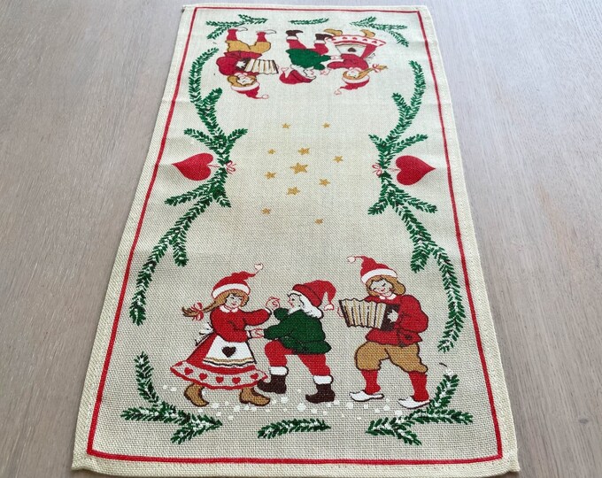 Vintage Christmas Table Runner With Dancing Elves and Hearts From