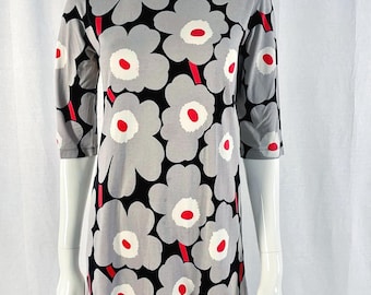 Marimekko Unikko Dress, Retro Floral Tunic, Mod Poppy Print 3/4 Sleeve Shift Dress, Size XS Jersey dress