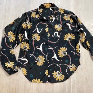 Vintage 70s Blouse, Retro Boho Floral Shirt, Black & Gold Long Sleeve Button-Up Shirt, Art Nouveau Style Festival Hippie Top, Size M