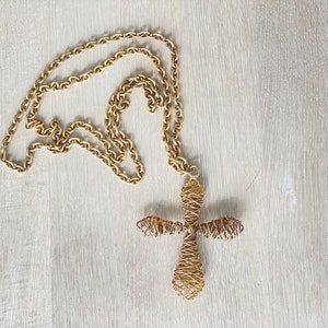 Long Cross Necklace, Handmade Wire Wrapped Gold Tone Statement Pendant, Religious Jewelry, Unique Chain Necklace for Men & Women
