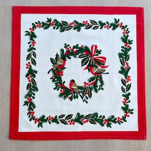 Small Christmas Tablecloth by Finlayson, Finland, Scandinavian Vintage Table Cloth with Bullfinch and Red Berries, Christmas decor