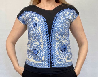 Vintage Marimekko Shirt, Blue Lace Print Top, Cap Sleeve Blouse, Finnish Design, Unique Casual Wear, Size S (36), Finland
