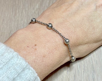 Silver Pearl Bracelet, Delicate bead and Chain Bracelet, Gift for her