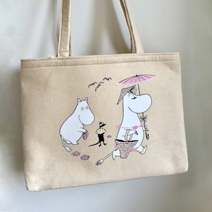 Large Moomin Tote Bag, Felt Beach Bag with Moomintroll & Snorkmaiden by Muurla, Eco-Friendly Shopper, Cartoon Print Shoulder Bag