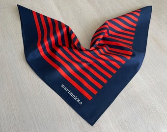 Stripy MARIMEKKO Vintage Scarf, Striped red and blue Square Cotton Bandana, Finnish design scarf