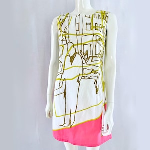 Marimekko Vintage Dress Mika Piirainen, Cotton Shift Dress, Graphic Art Print, Size 38 EU 10 US, Street Scene Mod Retro Summer Dress
