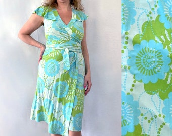 Turquoise Summer Dress, Nanso Vintage Floral Wrap Dress, Size S, Vintage Clothing, Finland