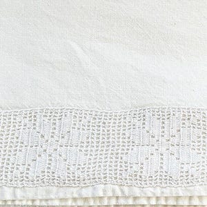 White Vintage Cotton Fabric with Hand Crochet Lace trimming, Rustic Farmhouse Decor