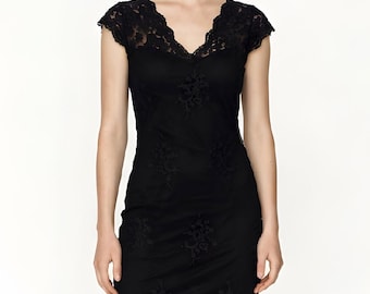 Pearl London Black Lace Bodycon Dress, Vintage Gothic Cocktail Party Dress, Elegant Lace Mini Dress UK, Size XS/S, Made in UK