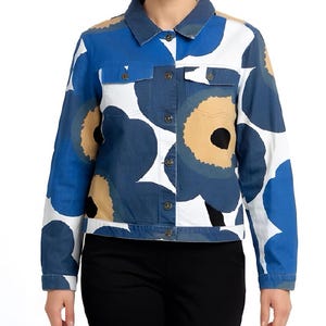 Vintage MARIMEKKO Unikko Denim Jacket, Blue Poppy Print, Size 38