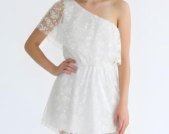 Minivestido de tul blanco con bordado floral: vestido de fiesta de verano con un solo hombro (M)