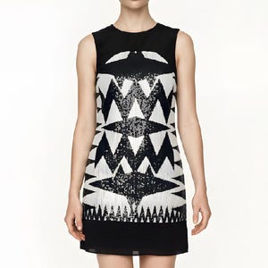 Sequin Tribal Print Mini Dress by ZARA, Black White Geometric Shift, Cocktail Party Glam Dress,  Size S