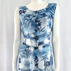 Vintage Blue Floral Sheer Dress, 80s Button Down Hawaiian Midi Dress, Tropical Island Print Summer Dress, Size L, Sleeveless Beach Dress