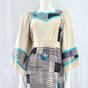 Vintage Kaisu Heikkila Maxi Dress, 70s Boho Blue Floral Striped Lace Detail Retro Gown with Tied Waist and Flared Sleeves, Size 38
