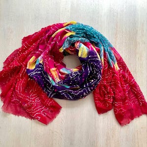 Handmade Multicolor Silk Bandhani Scarf, Bright Rainbow Tie Dye Wrap, Lightweight Ethnic Boho Shawl, Indian Silk Stole Colorful Gift for Her
