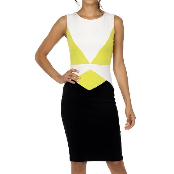 yellow and black bodycon dress Geometric Color Block Dress: White Midi Yun Sleeveless Mock Neck st-bodycon-dresses linen blend offers breathable Color::#50-Champagne