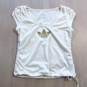 Vintage Adidas Trefoil Tennis Shirt, White Mesh Sports Top, Y2K Golf Tee, Size 12, M, Women&#39;s Retro Activewear, 2000s Adidas Mesh Tee