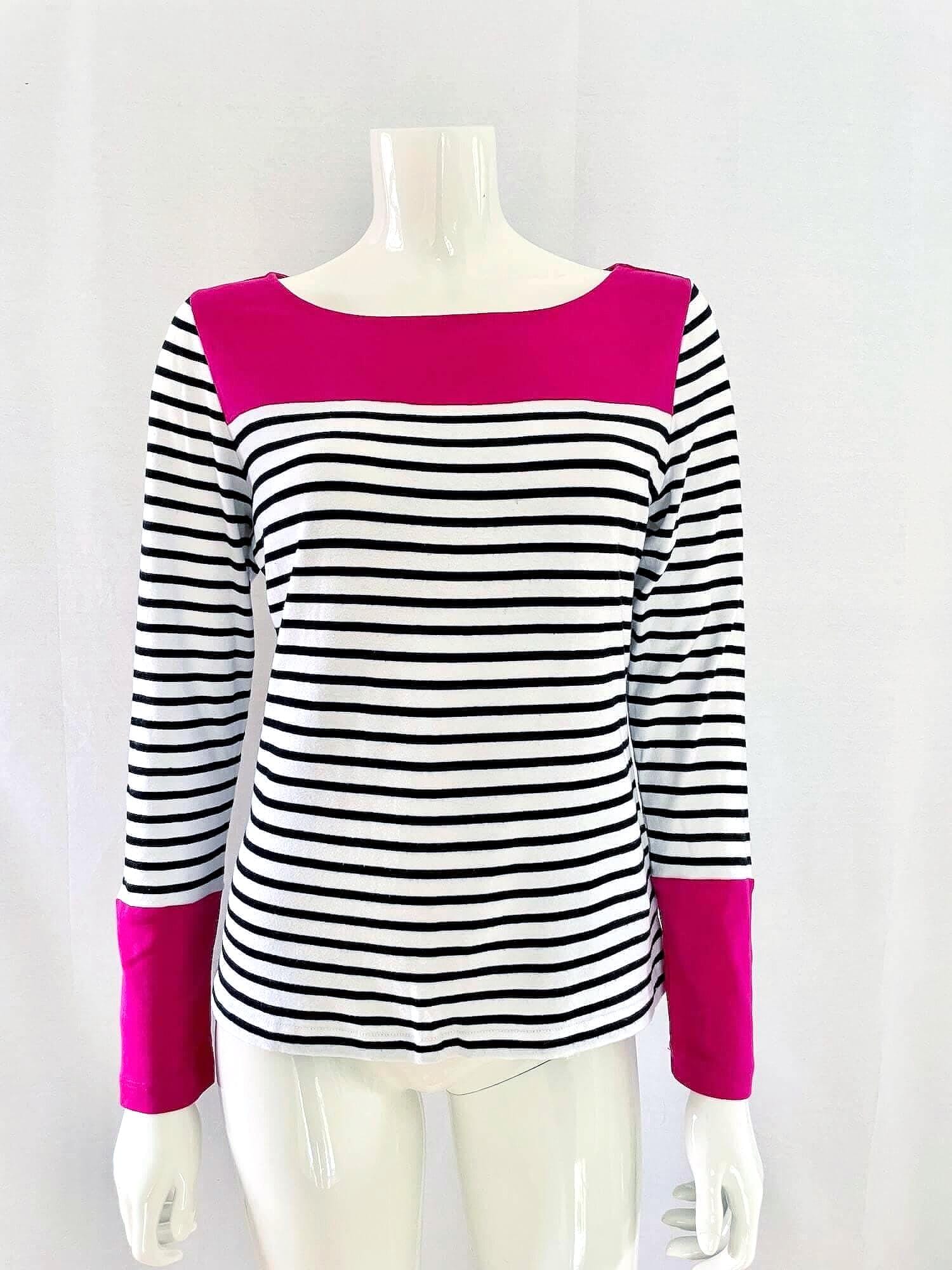 Vintage Ralph Lauren Striped Top, Hot Pink Long Sleeve Tee, Nautical Cotton Shirt, Designer Shirt, Preppy Classic Top, Size L