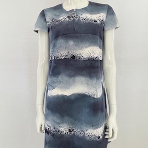Marimekko Abstract Ocean Print Shift Dress, Vintage 90s Scandinavian Fashion, Blue Gray Watercolor Short Sleeve Cocktail Dress, Size 38
