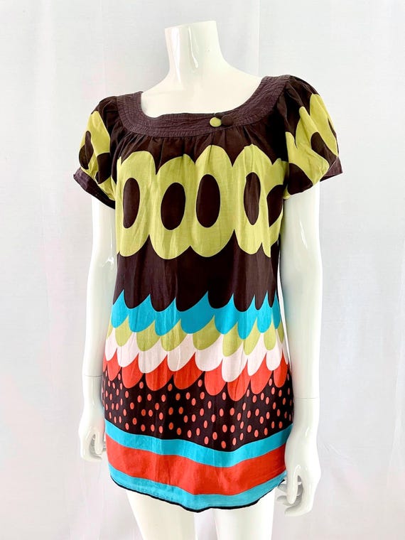 Vintage 70s Style Tunic Mini Dress, Mod Geometric Boho Top, Bright