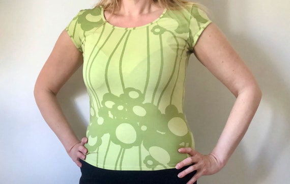 MARIMEKKO Vintage Top, Chartreuse Green Print Top,