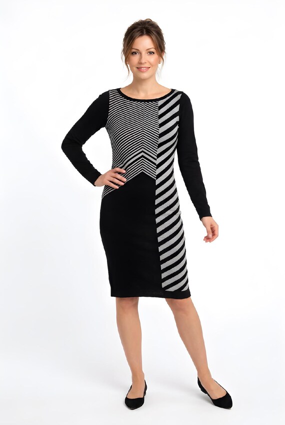 karen millen black bodycon dress Sweater Dress, Optical Stripe Illusion Knit Dress, Size 4M, Long Sleeve Midi, Figure Hugging Designer over detail at the