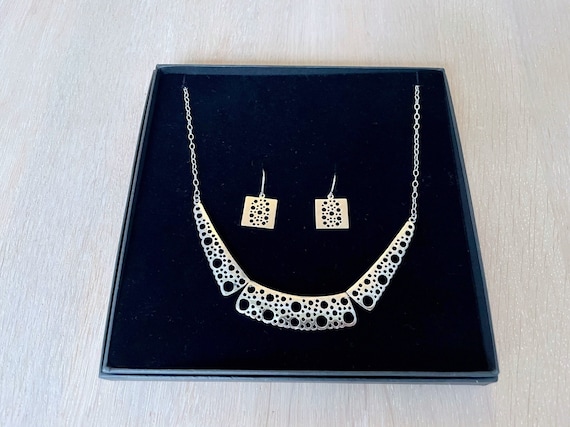 Liisa Vitali Silver Necklace and Silver Earrings Pitsi, Nordic Jewelry Set in Box, Finland