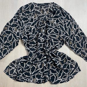 Gudrun Sjödén Vintage Blouse, Boho Button Up Leaf Print Shirt, Semi-Sheer Black Beige Top, Eco Bohemian Sustainable Fashion, Size M