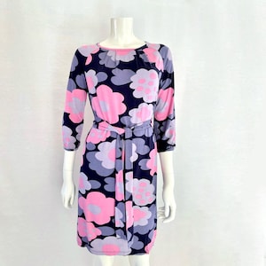 Marimekko Dress, Pink Floral Jersey Dress with Belt, Tunic Dress, Size S Shift Dress, Casual Lounge Dress, Finland