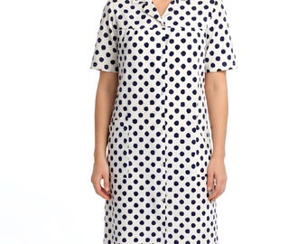 Vintage 70s Polka Dot Cotton Shirt Dress - White & Navy Blue Midi - Size M