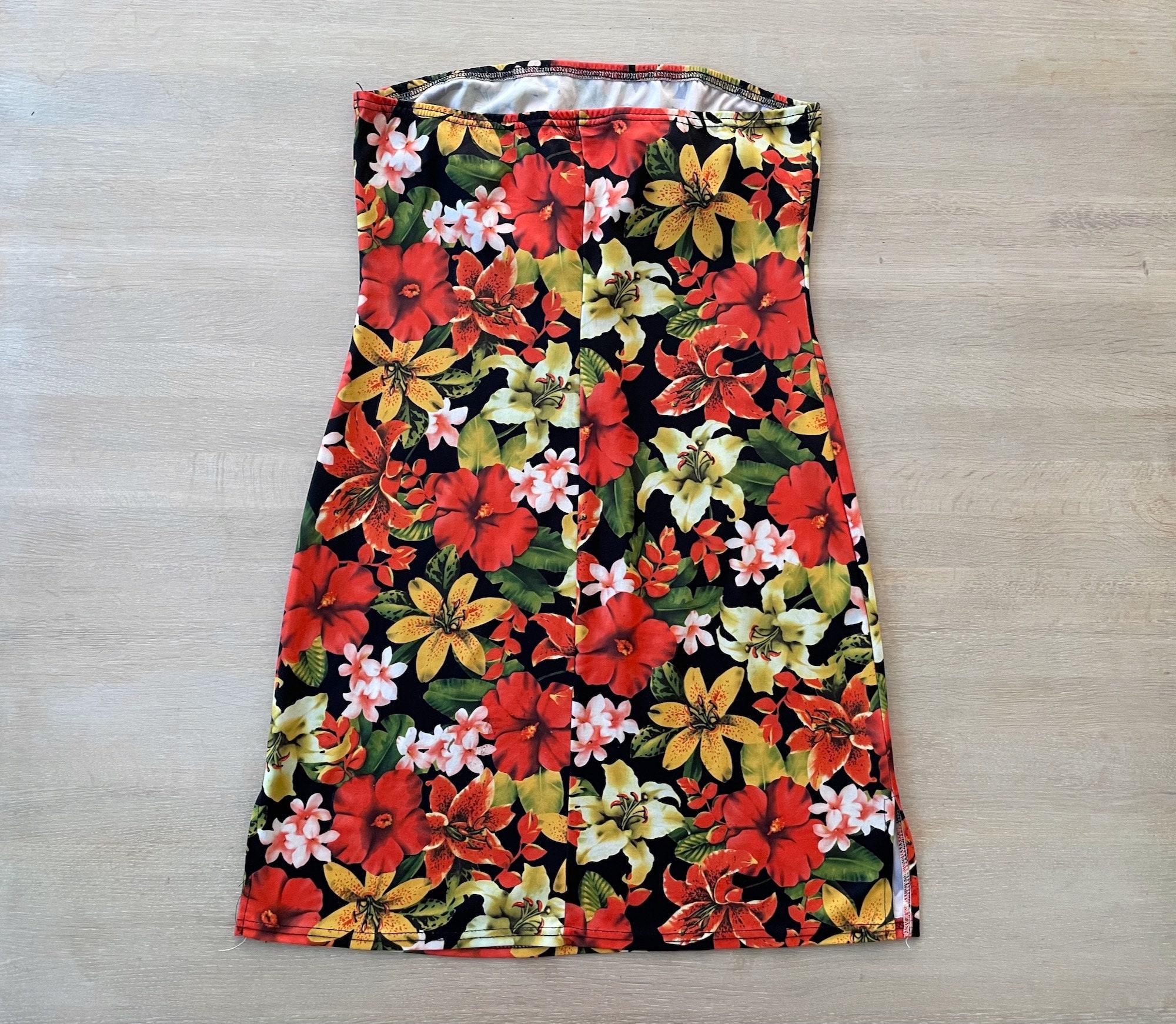 Vintage strapless black tropical flower mini dress