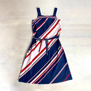 Kaisu Heikkila Vintage Dress, Finnish Marine Summer Dress, Red Blue Stripe A-Line Sundress, Made in Finland, 1970s Retro Dress, C38