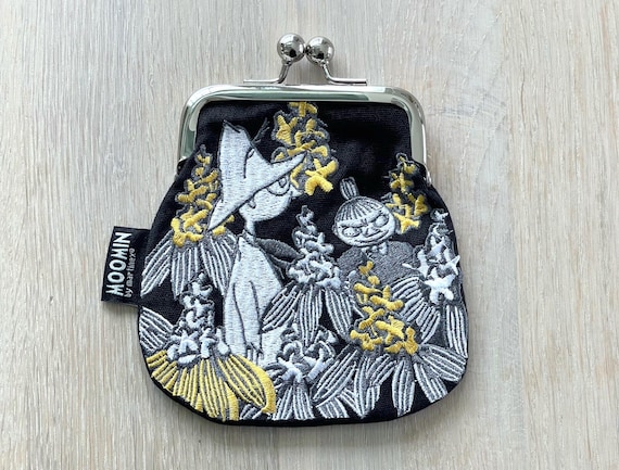 Black Embroidered Moomin Pouch, Little My and Snufkin Fabric