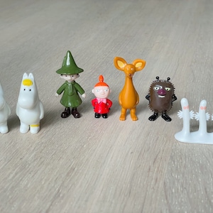Moomin Figures from Finland, 7 piece set, Moomintroll, Snorkmaiden, Snufkin, Stinky, Little My, Sniff and Hattifatteners, Toy Collectibles
