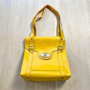 vintage Sac à bandoulière jaune en cuir végétalien - Cartable rétro des années 60