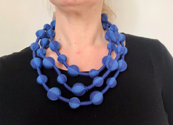 MARIMEKKO Fabric Necklace, Blue Fabric Bead Neckla