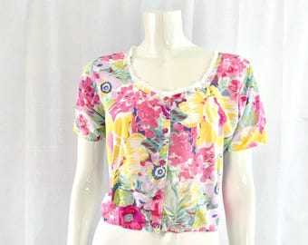 Vintage Floral Cotton Blouse: Lace Trimmed Cottagecore Top, Size M