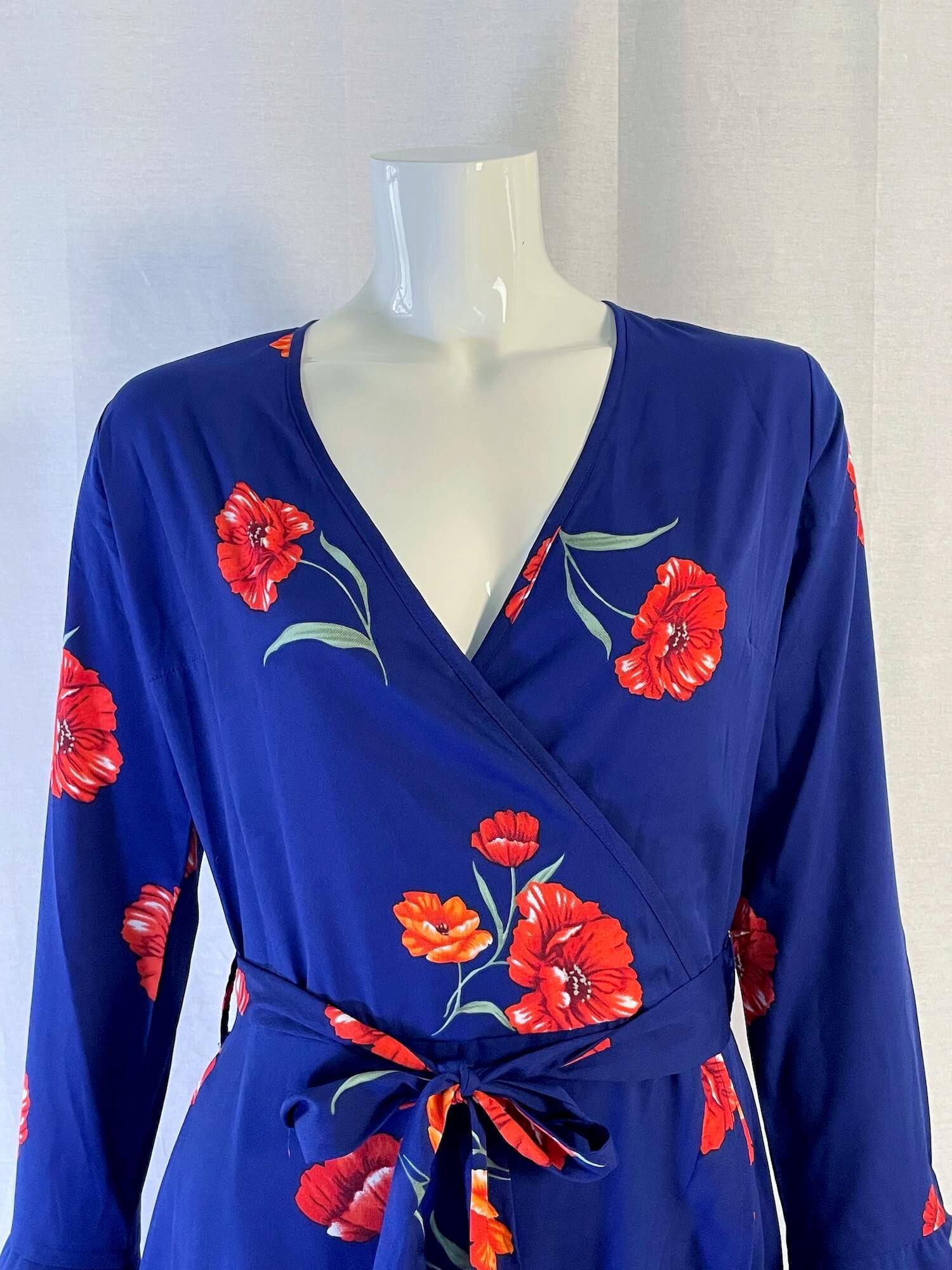 Navy Floral Wrap Dress: Red Poppy Print, Bell Sleeves, Ruffle Hem - Etsy