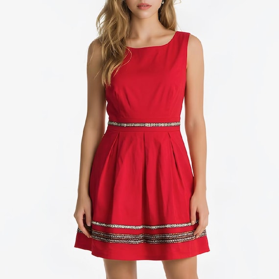 Vintage Red Dress With Embroidered Ribbon Trim, Sleeveless A-line Retro  Style Party Dress, Size S/M Cocktail Dress, Made in Italy - Etsy