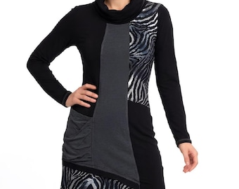 Vestido de invierno con cuello vuelto y estampado de cebra de Joseph Ribkoff, talla M