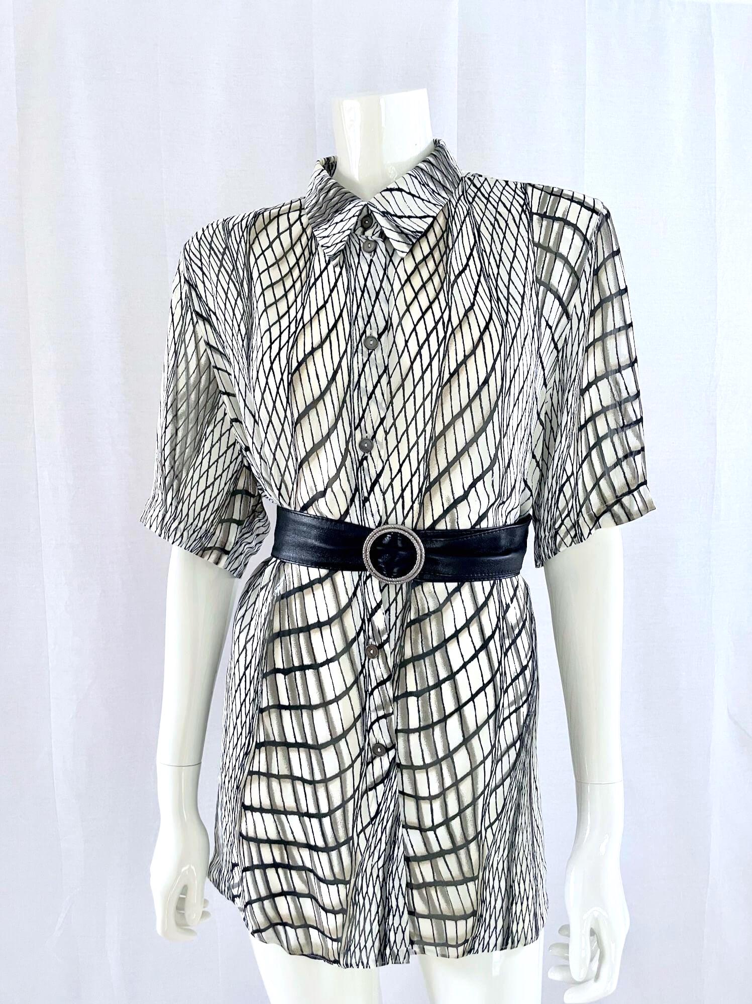 Vintage 80s Graphic Print Button Down Shirt, Black White Abstract Pattern Viscose Blouse, Sheer Short Sleeve Top by Erfo, Size 42